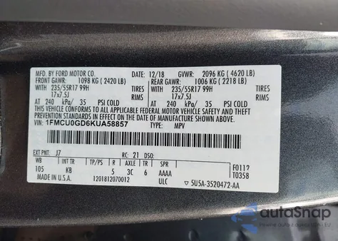 2019 Ford Escape Se from USA, damaged, VIN 1FMCU0GD6KUA58857